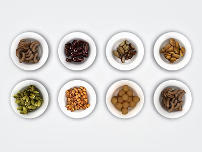 Various Types Of Nuts And Beans Arranged In White Bowls On White Surface 3d model