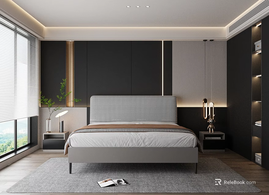 Modern Bedroom Interior Featuring Checkered Headboard Nightstands Table Lamps And Large Windows 3d model 