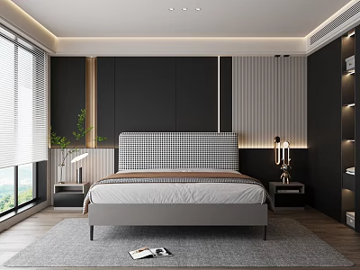 Modern Bedroom Interior Featuring Checkered Headboard Nightstands Table Lamps And Large Windows 3d model