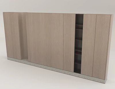 Modern Wooden Wall Unit Featuring Cabinet Doors And Open Shelving On Gray Base Platform 3d model