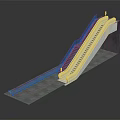 Modern Escalator Structure Design With Metal Steps Red Blue Handrails Concrete Side Walls And Platform