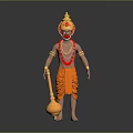Ornate Game and Movie Character With Golden Headdress Red Bead Necklace Orange Attire Golden Mace
