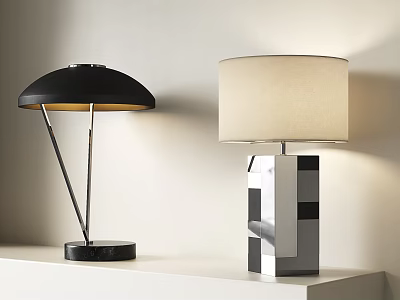 Minimalist Table Lamps Black Shade Metal Stand And Geometric Base Beige Lampshade On White Table 3d model