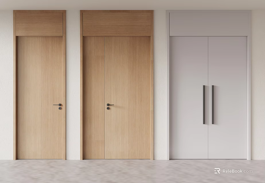 Modern Interior Design Featuring Light Wood And Light Gray Double Doors 3d model