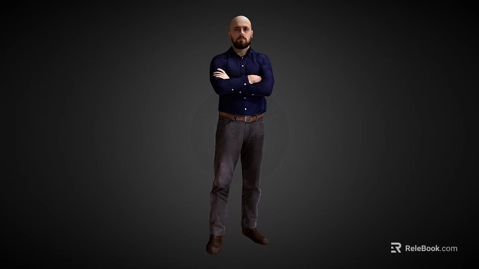 Bald Headed Bearded Man Wearing Dark Blue Shirt With Arms Crossed Standing Against Dark Background 3d model 