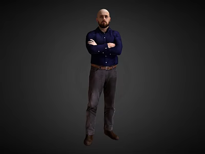 Bald Headed Bearded Man Wearing Dark Blue Shirt With Arms Crossed Standing Against Dark Background 3d model