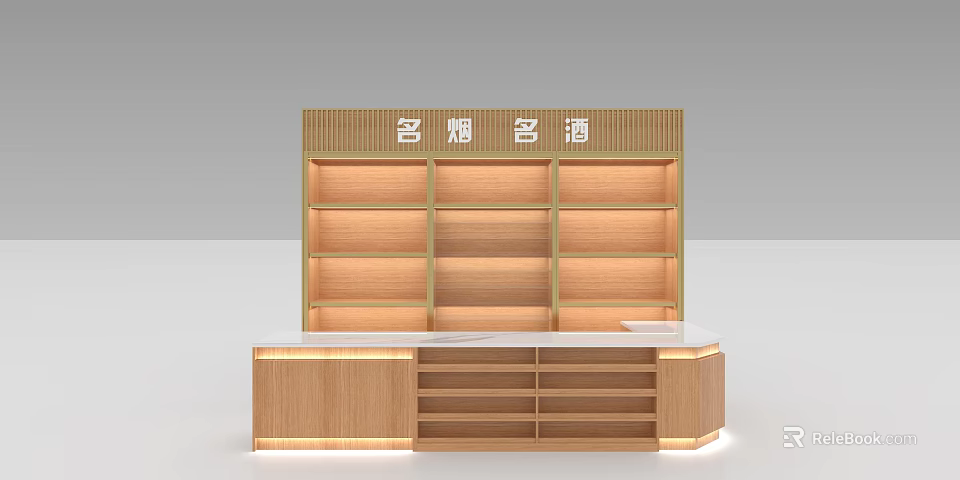 Tobacco and Alcohol Store Interior Featuring Wooden Shelves and Front Counter 3d model 
