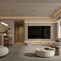 Modern Warm Beige Open Plan Living And Dining Room Design With Soft Lighting Comfortable Furnishings