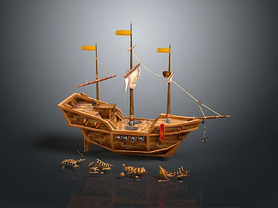 Vintage Wooden Ship With Classic Masts And Bright Yellow Flags Display Design 3d model