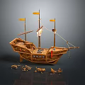Vintage Wooden Ship With Classic Masts And Bright Yellow Flags Display Design