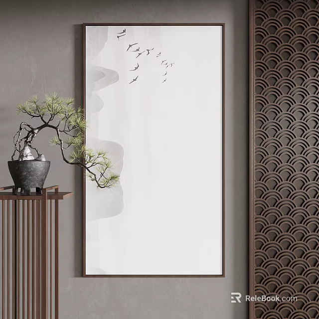 Landscape Painting Hanging On Wall With Potted Pine Tree And Wave Pattern Decorative Panel 3d model