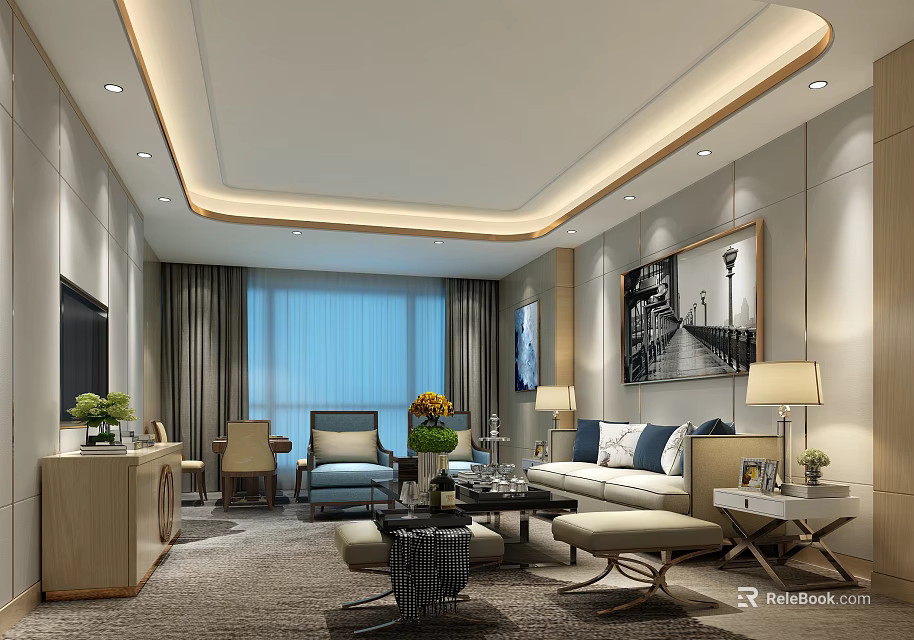 Elegant Modern Luxury Living Room Interior With Comfortable Sofas Warm Lighting And Art Wall Decor 3d model 