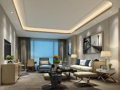 Elegant Modern Luxury Living Room Interior With Comfortable Sofas Warm Lighting And Art Wall Decor 3d model