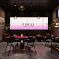 Modern Bar Interior Design With Neon Sign Brown Sofas Round Tables And Pendant Lights
