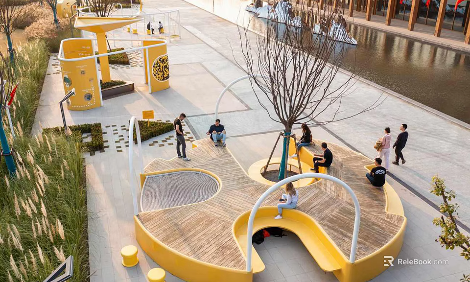 Plaza Landscape with Yellow Circular Wooden Platform People Relaxing Under Trees and Water Feature 3d model 