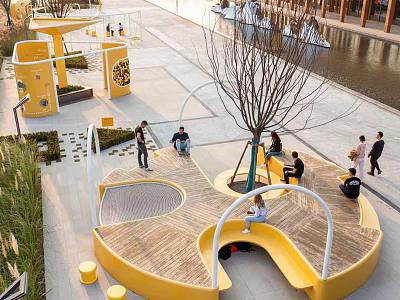 Plaza Landscape with Yellow Circular Wooden Platform People Relaxing Under Trees and Water Feature 3d model