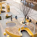 Plaza Landscape with Yellow Circular Wooden Platform People Relaxing Under Trees and Water Feature