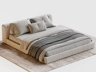 Modern Light Gray Double Bed with Soft Pillows and Gray Blanket on Light Colored Rug 3d model