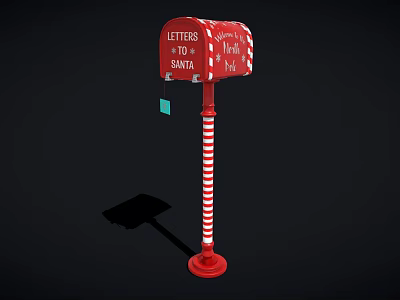 Red Christmas Mailbox With Letters to Santa Text Striped Pole and Green Tag 3d model
