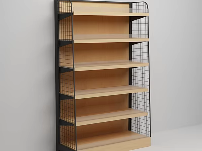 Convenience Store Display Shelf With Wooden Layers And Black Metal Frame 3d model