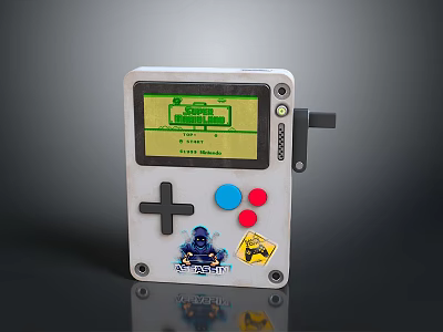 White Handheld Game Console With Green Screen Cross Directional Pad Blue Red Buttons And Stickers 3d model
