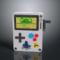 White Handheld Game Console With Green Screen Cross Directional Pad Blue Red Buttons And Stickers