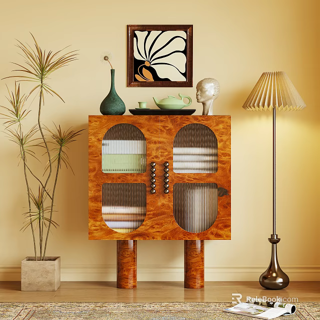 Wooden Chest of Drawers with Glass Doors Fabrics Decorative Items Table Lamp and Plant 3d model 