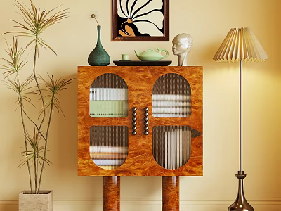 Wooden Chest of Drawers with Glass Doors Fabrics Decorative Items Table Lamp and Plant 3d model