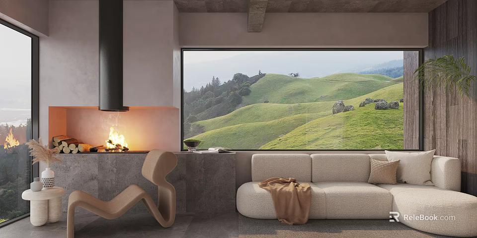 Modern Leisure Chair in Cozy Living Room with Large Window Green Hills and Burning Fireplace 3d model 