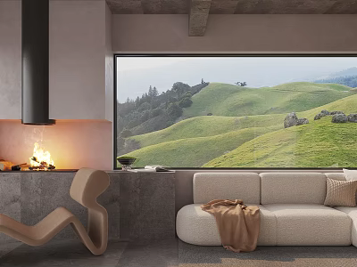 Modern Leisure Chair in Cozy Living Room with Large Window Green Hills and Burning Fireplace 3d model
