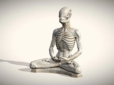 Silver Skeleton Like Sculpture Sitting In Meditation Pose With Lotus Base 3d model