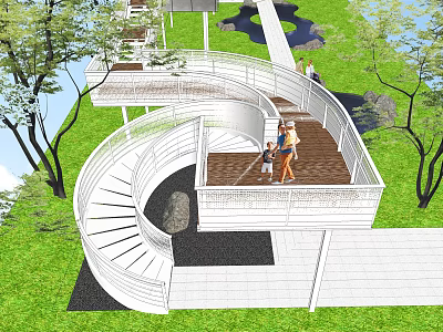Modern Elevated Spiral Pedestrian Walkway With Railing And Greenery People Walking 3d model