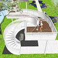 Modern Elevated Spiral Pedestrian Walkway With Railing And Greenery People Walking