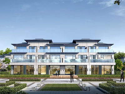 Modern Townhouse Exterior With Glass Balconies And Landscaping 3d model