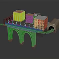 Detailed Buildings on Arched Bridge with Rail Tracks and Tunnel Connection