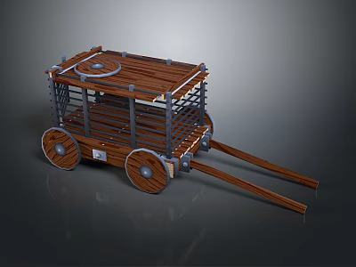 Wooden Cart With Metal Frame Spoked Wheels And Circular Top Platform Design 3d model