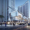 Modern Sales Office Building With Glass Curtain Walls Urban Street Pedestrians And Vehicles