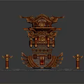 Cartoon Style Chinese Tower Scene With Multi Tiered Structure Red Roofs And Wooden Decorations