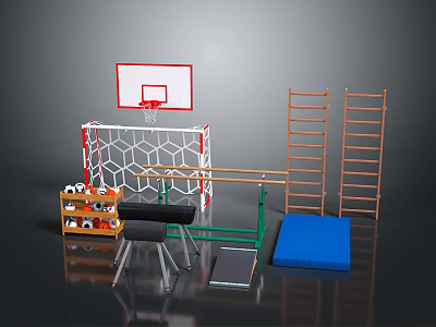 Sports Training Equipment With Basketball Hoop Soccer Goal Ladder Balance Beam And Gym Mat 3d model