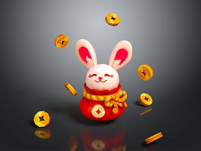 Smiling Red Rabbit Doll With Gold Coins And Gold Bars On Gray Background 3d model Smiling Red Rabbit Doll With Gold Coins And Gold Bars On Gray Background 3d model