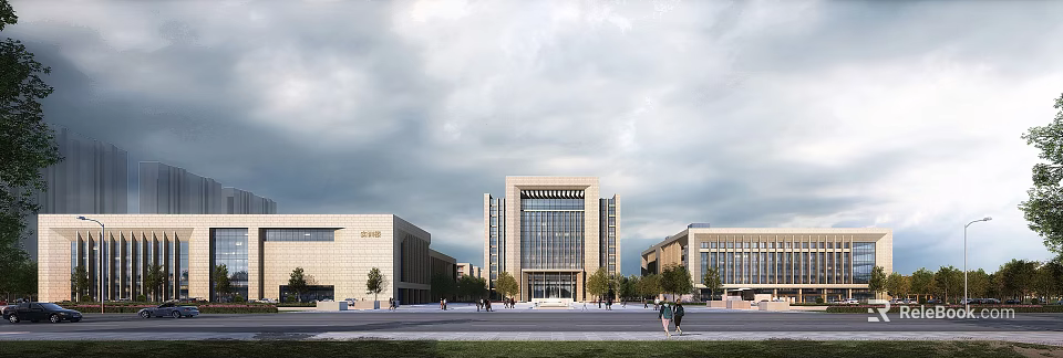 Modern University Campus Building With Glass Facade And Pedestrian Plaza Area 3d model 