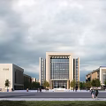 Modern University Campus Building With Glass Facade And Pedestrian Plaza Area
