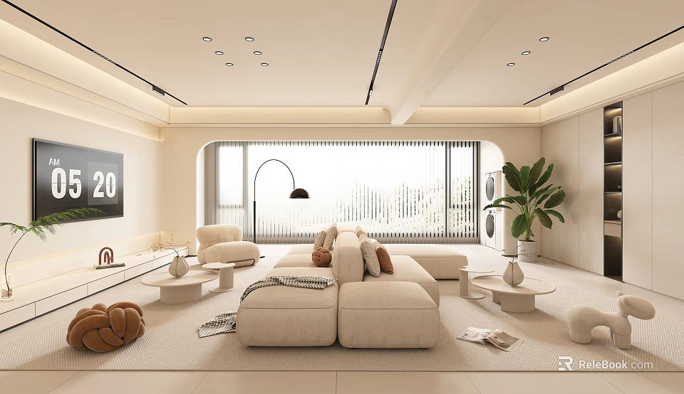 Modern Living Room Interior Design With Curved Sofa Large Windows Floor Lamp And Green Plant 3d model 