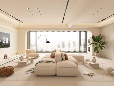 Modern Living Room Interior Design With Curved Sofa Large Windows Floor Lamp And Green Plant 3d model