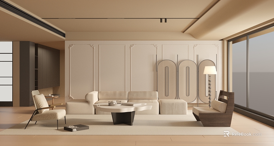 Luxury Living Room Interior With Beige Sofa Wooden Coffee Table Room Divider And Minimalist Wall 3d model 