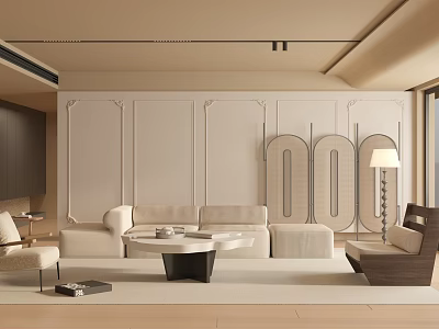 Luxury Living Room Interior With Beige Sofa Wooden Coffee Table Room Divider And Minimalist Wall 3d model