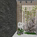 Traditional Courtyard Garden with Stone Wall Stone Rock Cherry Blossom Tree and Bamboo