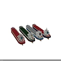 Different Colored Cargo Ship Models with Red Green Blue Hulls Displayed Side by Side