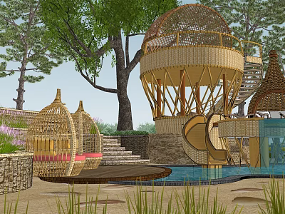 Wooden House Featuring Bamboo Round Dome Roof and Stone Steps Near Swimming Pool 3d model