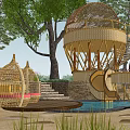 Wooden House Featuring Bamboo Round Dome Roof and Stone Steps Near Swimming Pool